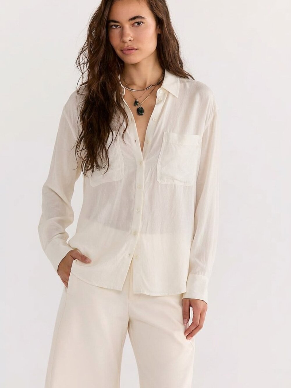 &Other Stories Los Angeles Atelier 100% Silk Sheer Button-Down Pocket Blouse